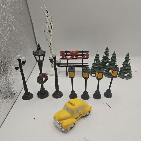 Vintage Village Mini Yellow Taxi Ceramic Car Trees Street Lamps Decorations - Picture 11 of 16